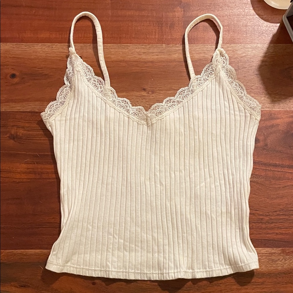 Topshop Cream Ribbed Lace Cami Top